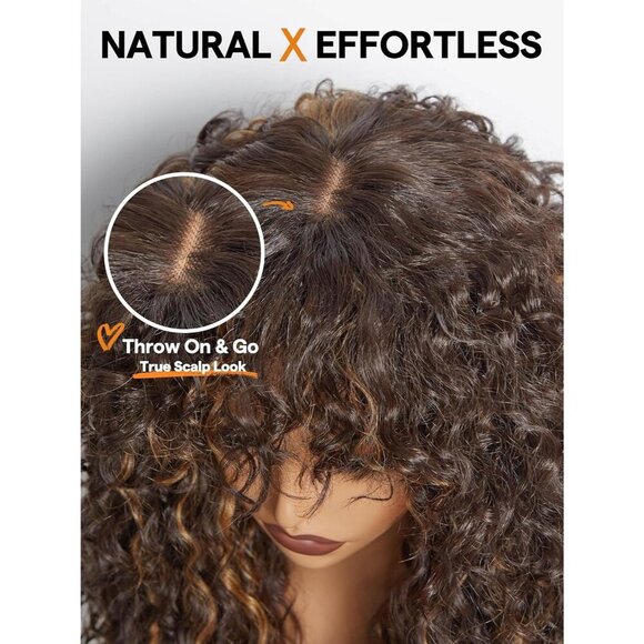 Shaggy Curly Wig with Bangs, Remy Hair Blend & Realistic Scalp Brown Hairs - Picture 2 of 6